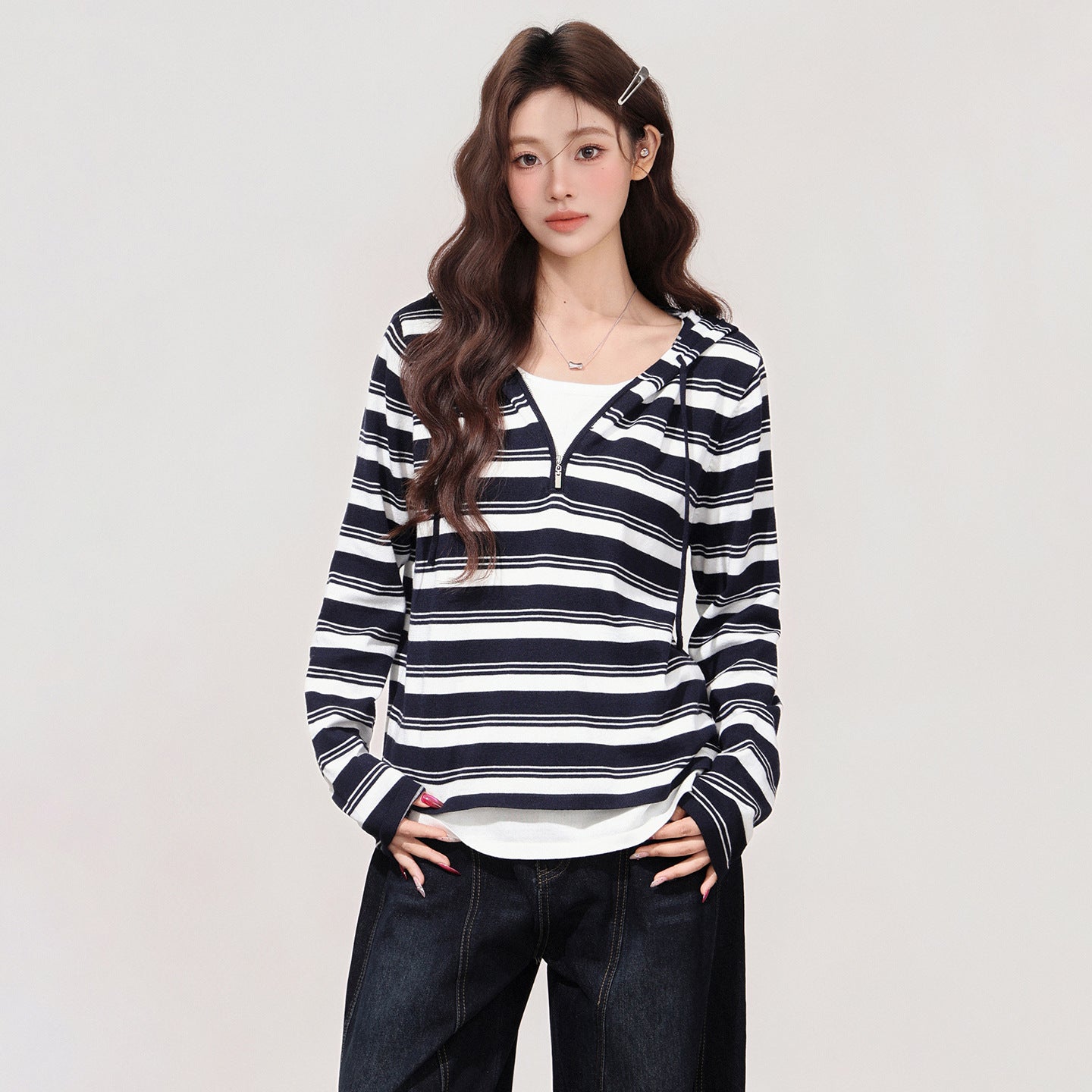 Color-blocked Fake Two-piece Hooded Long-sleeve Women's Undershirt