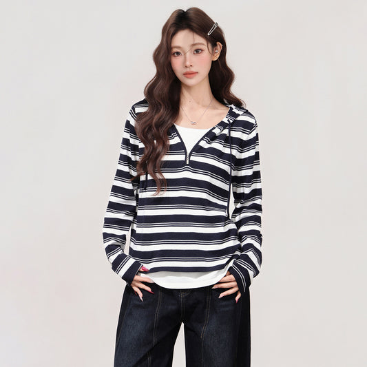 Color-blocked Fake Two-piece Hooded Long-sleeve Women's Undershirt