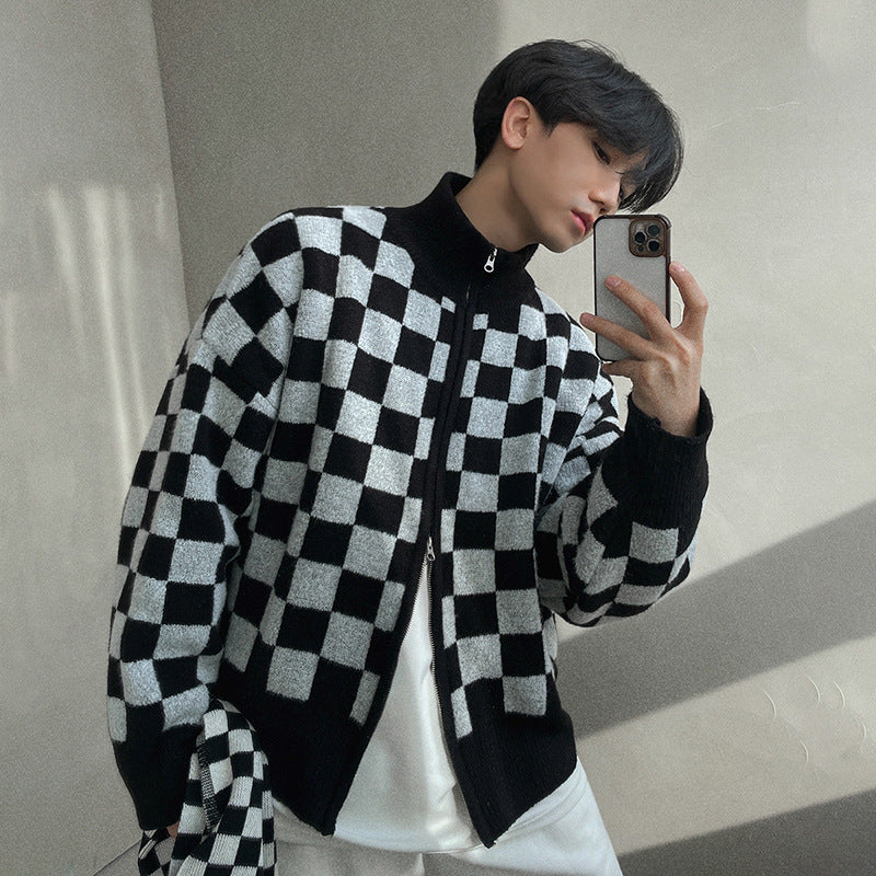 Checkerboard Sweater Men's Loose Trend Stand Collar