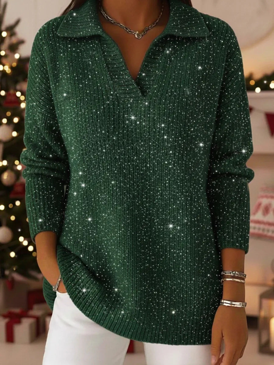 Ny Ensfarvet Langærmet Top Glitrende Sweater