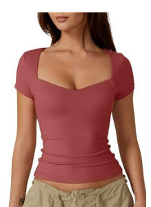Amazon Cross-border Women's Heart-shaped Collar Short Sleeve T-shirt Women's Solid Color Slim Basic Fashion Exposed Navel
