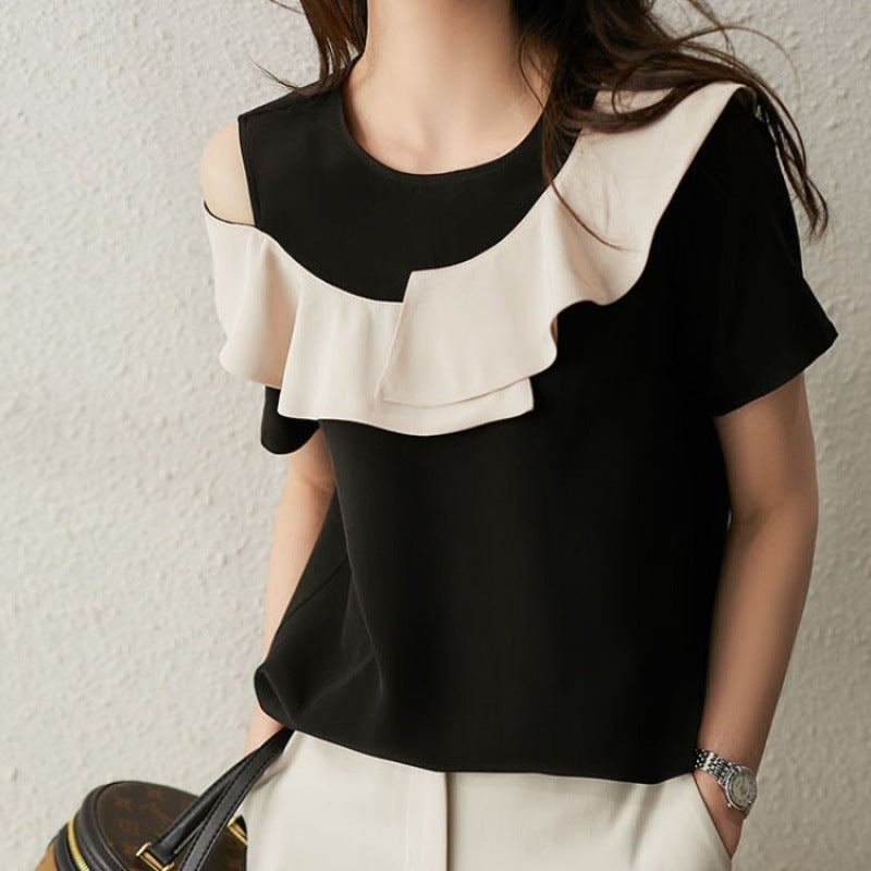 Short-sleeved Summer Clothes Loose Off-the-shoulder Ruffled Chiffon Blouse