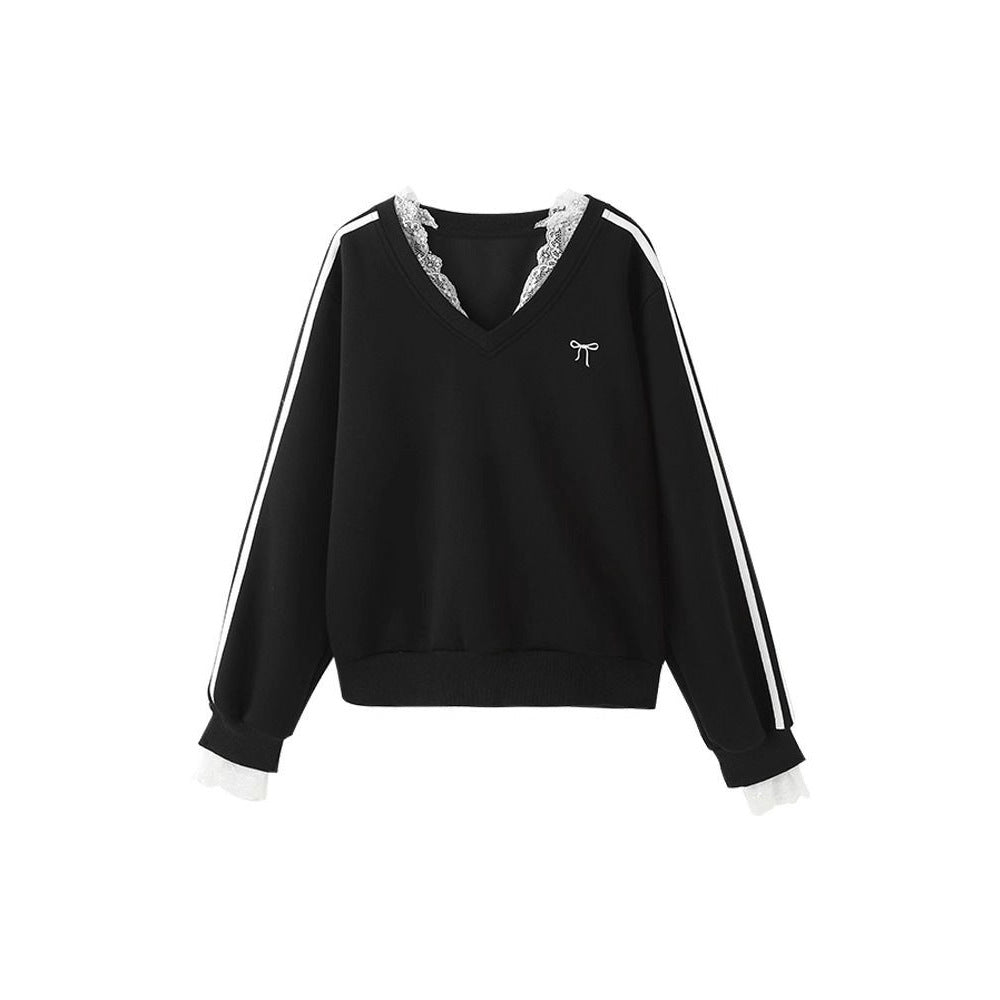 Womens American-style Black V-Neck Long-Sleeve Sweatshirt