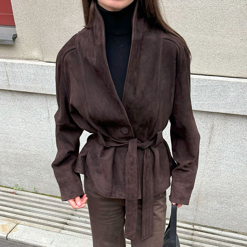 Retro Suede Long-sleeved Jacket Brushed Velvet Coat For Women