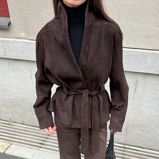 Retro Suede Long-sleeved Jacket Brushed Velvet Coat For Women