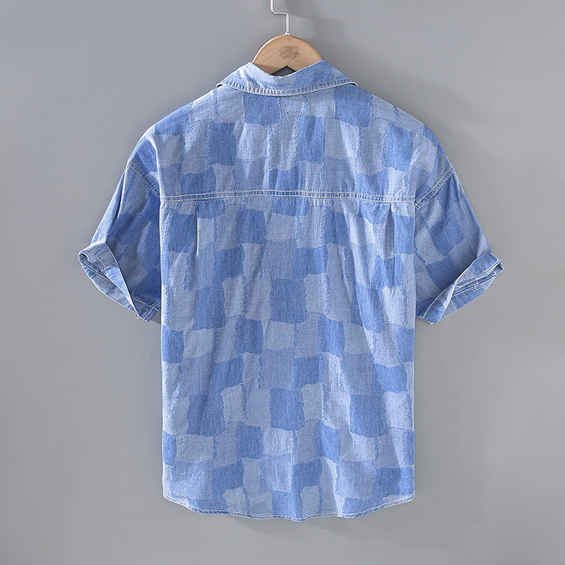 Summer Thin Plaid Men's Denim Printing Short Sleeve