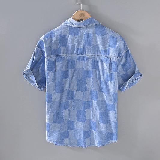 Summer Thin Plaid Men's Denim Printing Short Sleeve