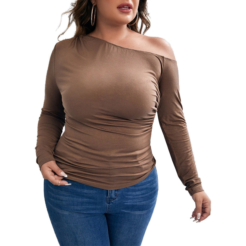 Dame Slim-fit Sexet Off-shoulder Strikket Top med Skrå Krave og Lange Ærmer