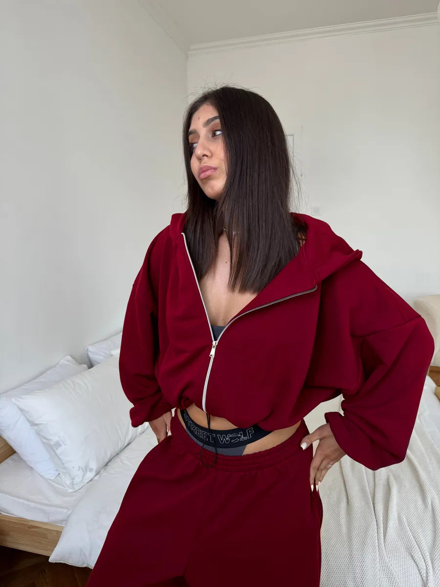 Womens Casual Set Long-sleeve Zip-up Cardigan Hoodie