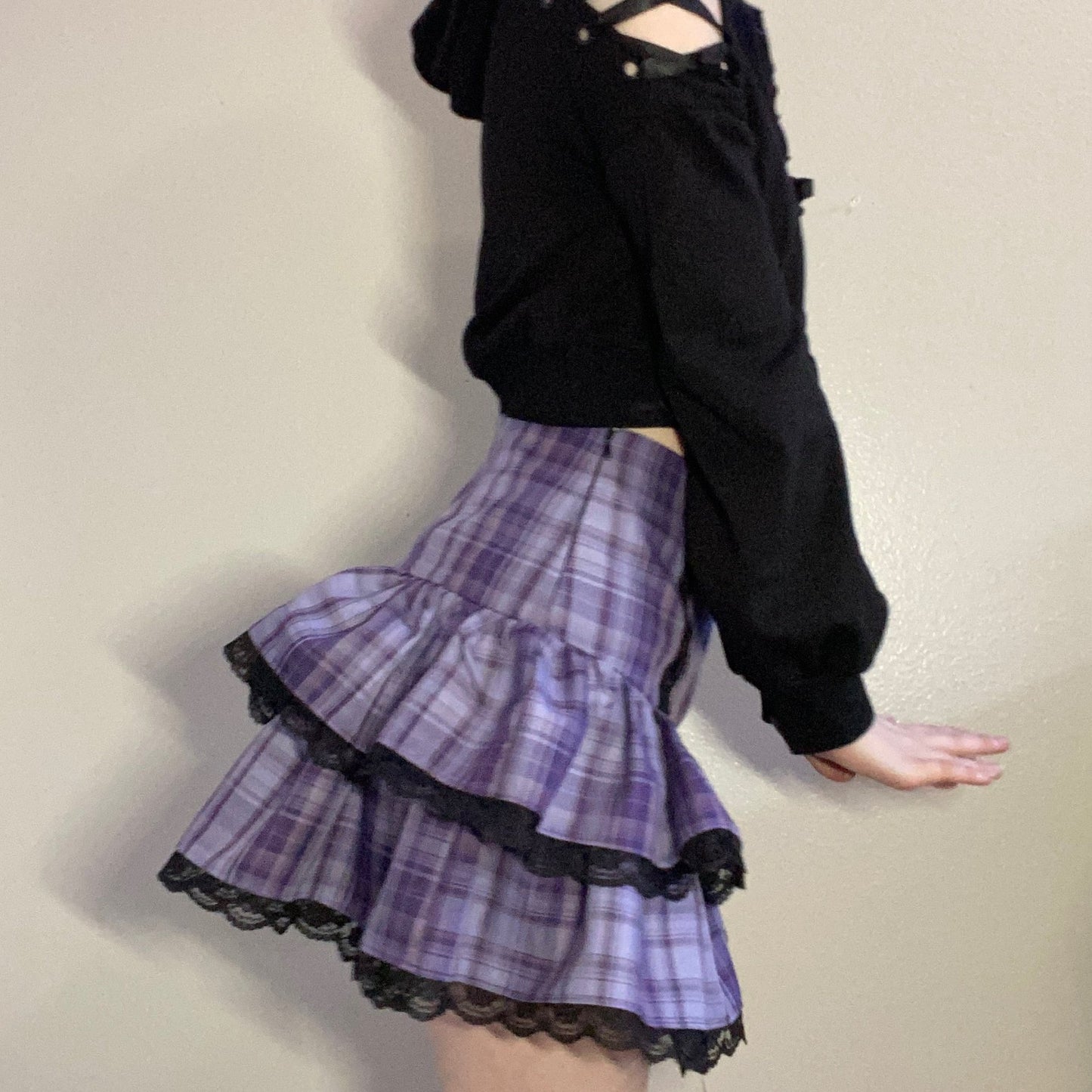 Lace Plaid High Waisted Pleated Skirt