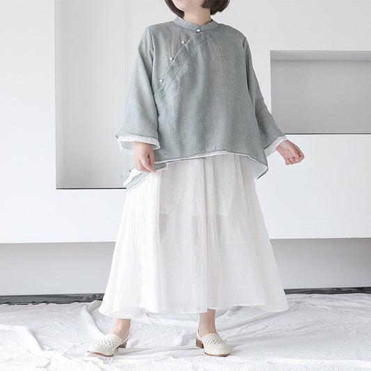 Solid Color Stand Collar Slanted Placket Chinese Style Buttoned Long Sleeves