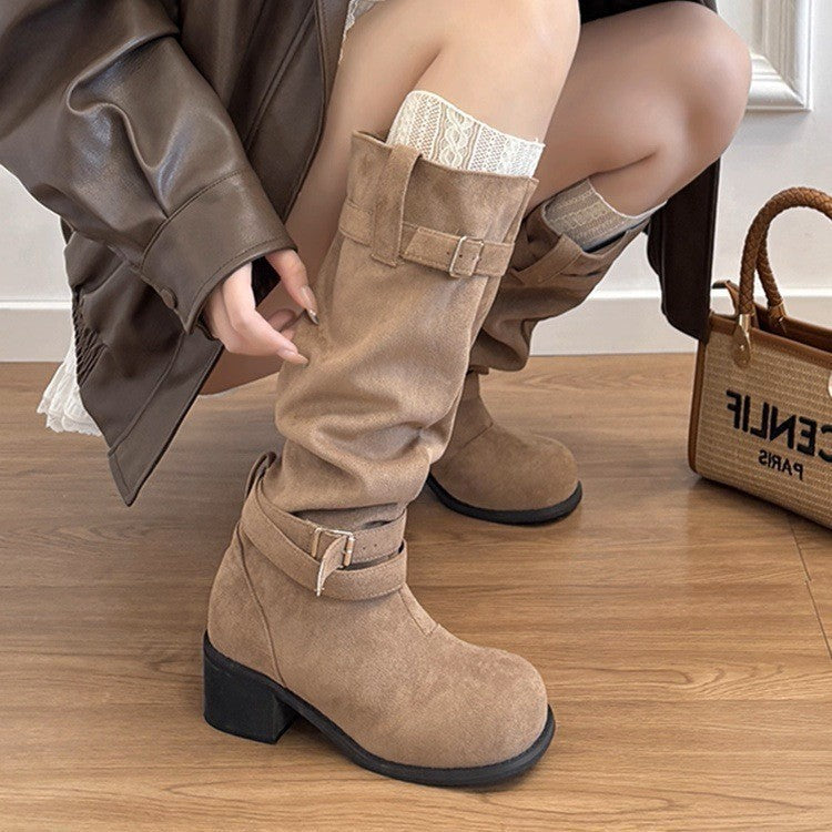 Women's Leather Pleated Pile Style Fashion Boots