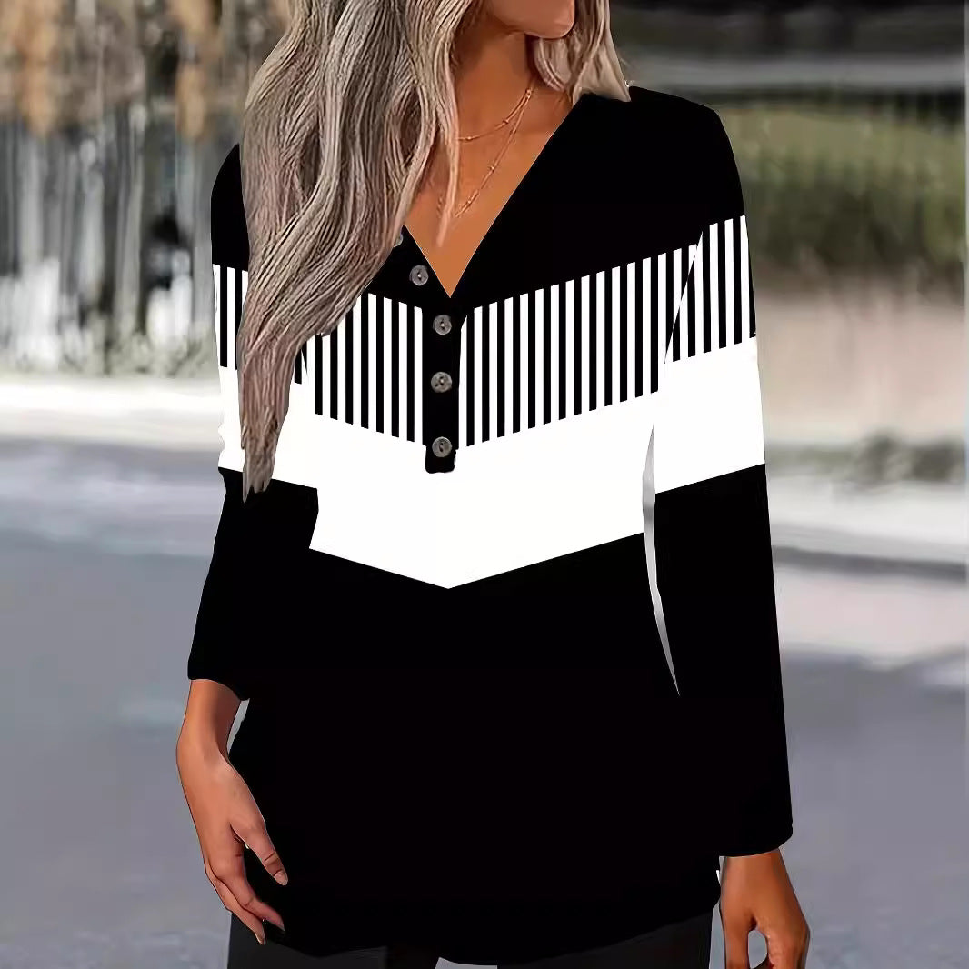 Color Matching Printed V-neck T-shirt Casual Long-sleeved Top