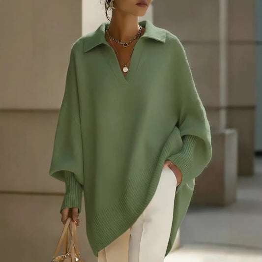 Lapel-collar Loose-fit Solid-color Sweater With Lantern Sleeves