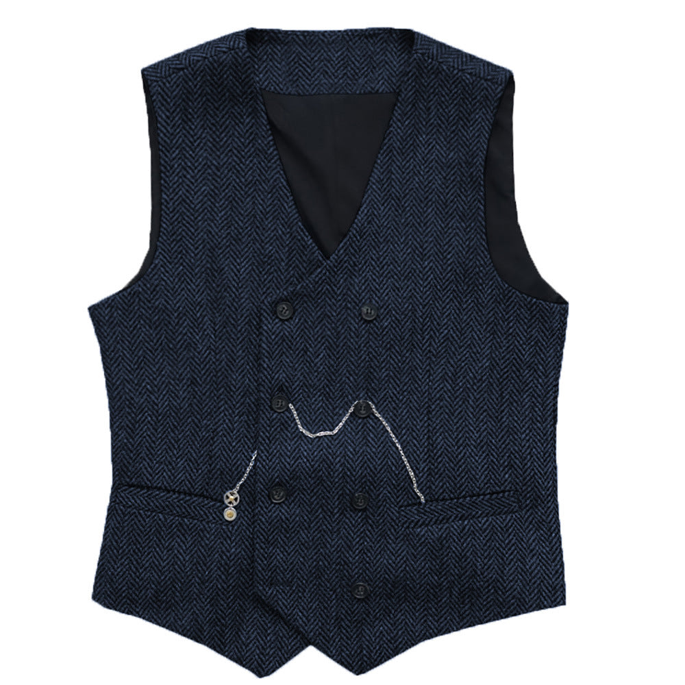 Men's Suit Vest Herringbone Pattern Faux Wool Vest Double Breasted V-neck