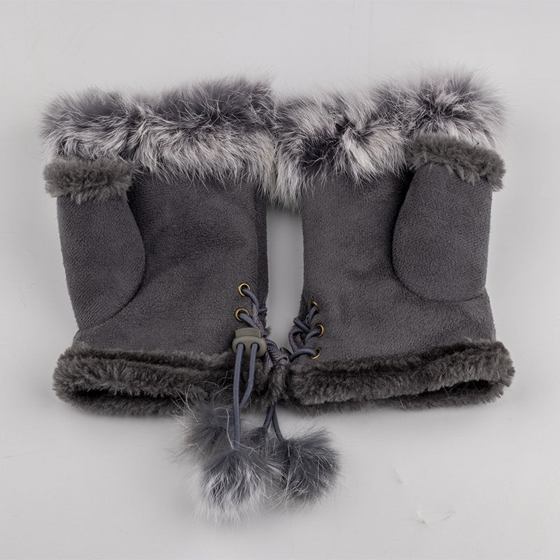 Rabbit Fur Half-finger Gloves Winter Warm Ladies Keyboard