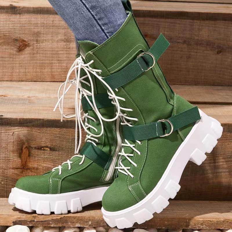Canvas High-top Solid Color Platform Casual Round Toe Lace-up Motorcycle Boots