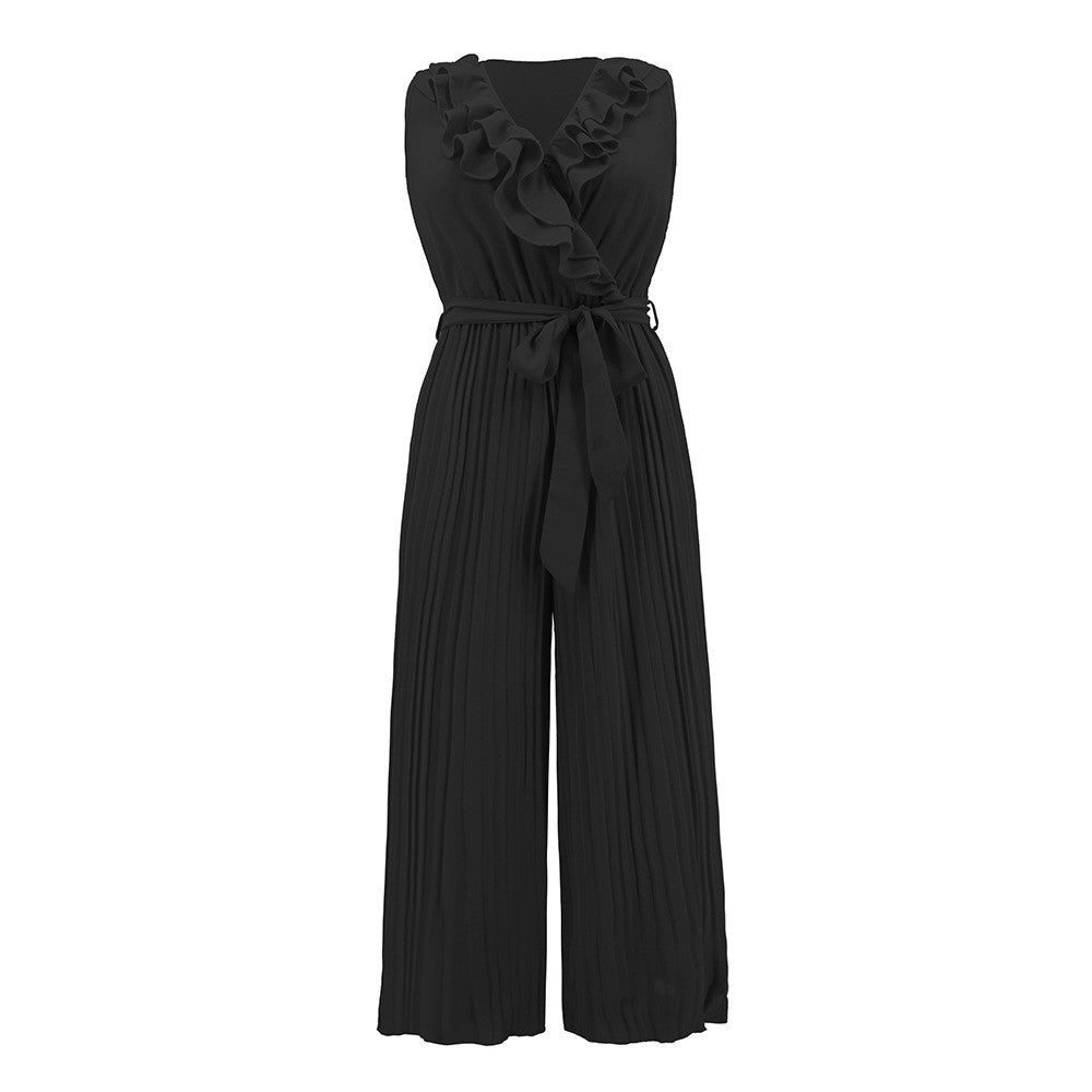 Women's Comfortable Sleeveless V-neck Flounce Pleated Jumpsuit