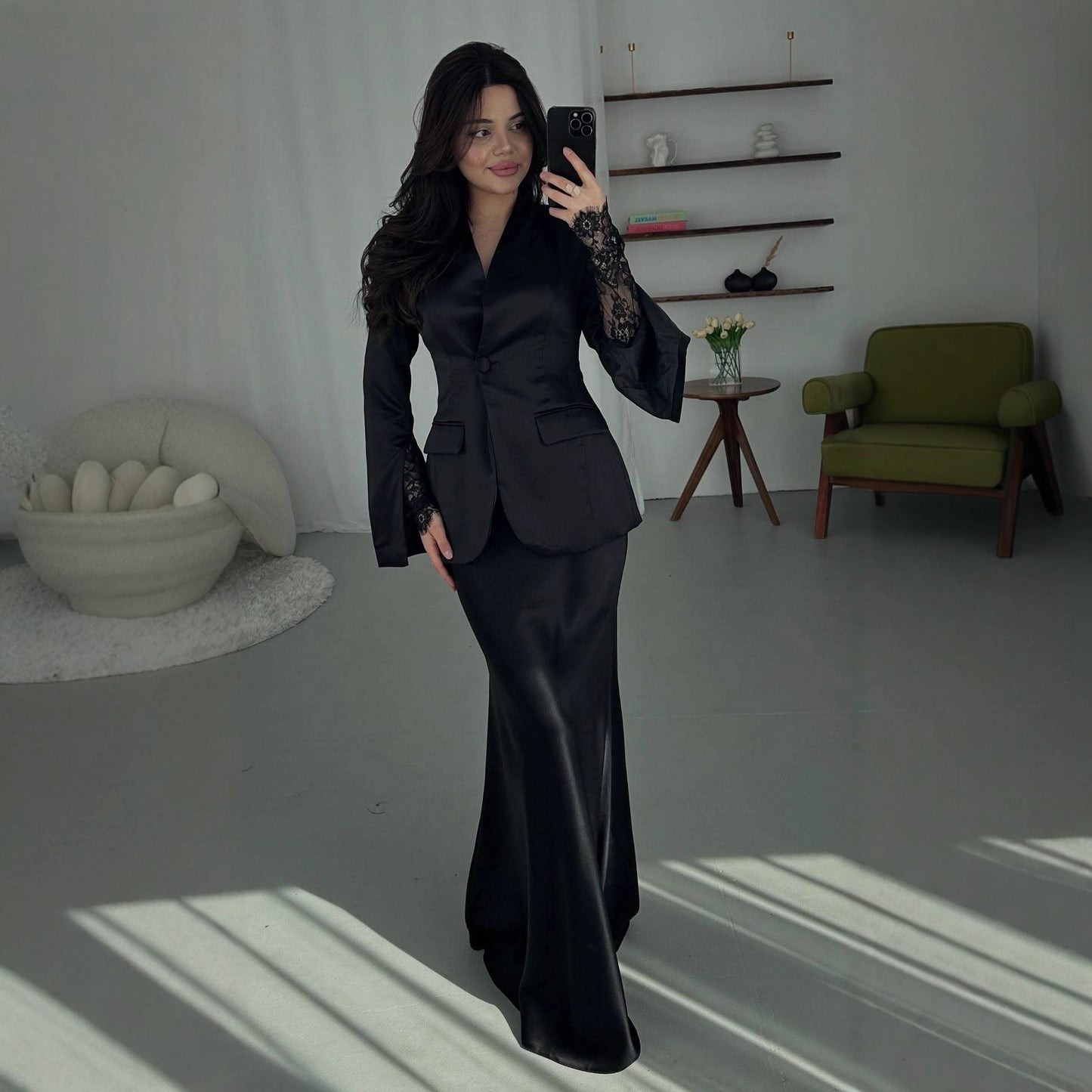 Elegant Slim-fit Solid-color Suit Jacket And Satin Maxi Skirt Set