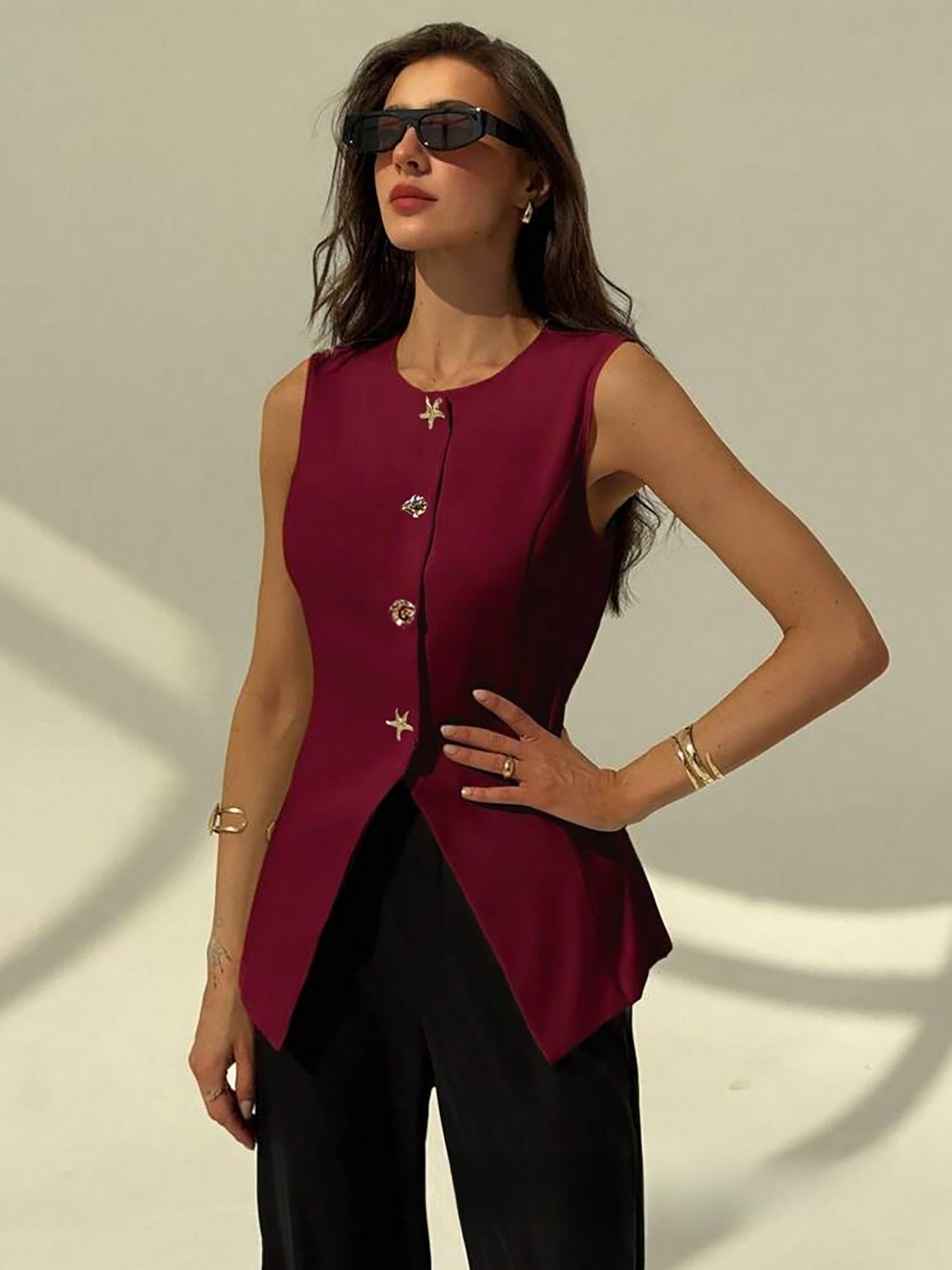 Fashionable Sleeveless Waist-cinching Versatile Button Women's Vest