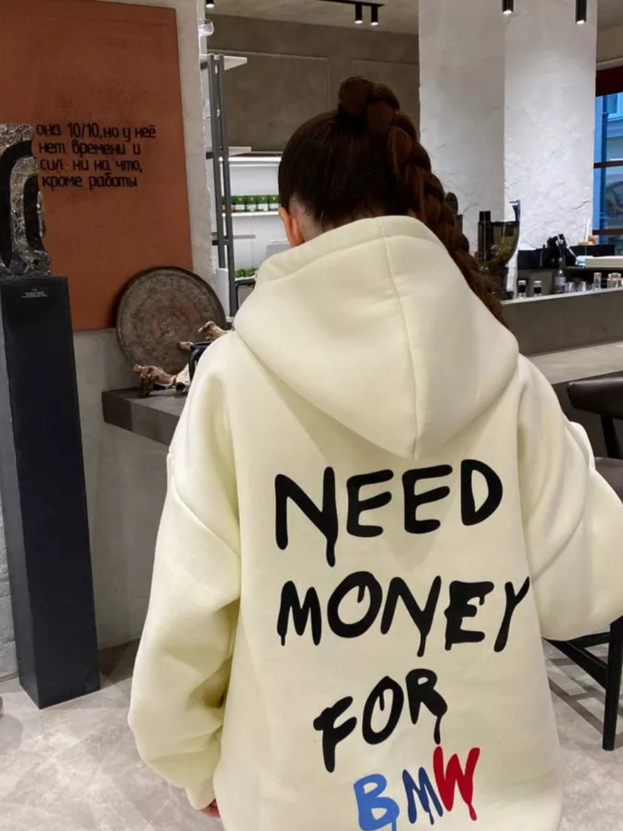 Hooded Sweater Simple Style Design Letter Print Loose All-matching Top