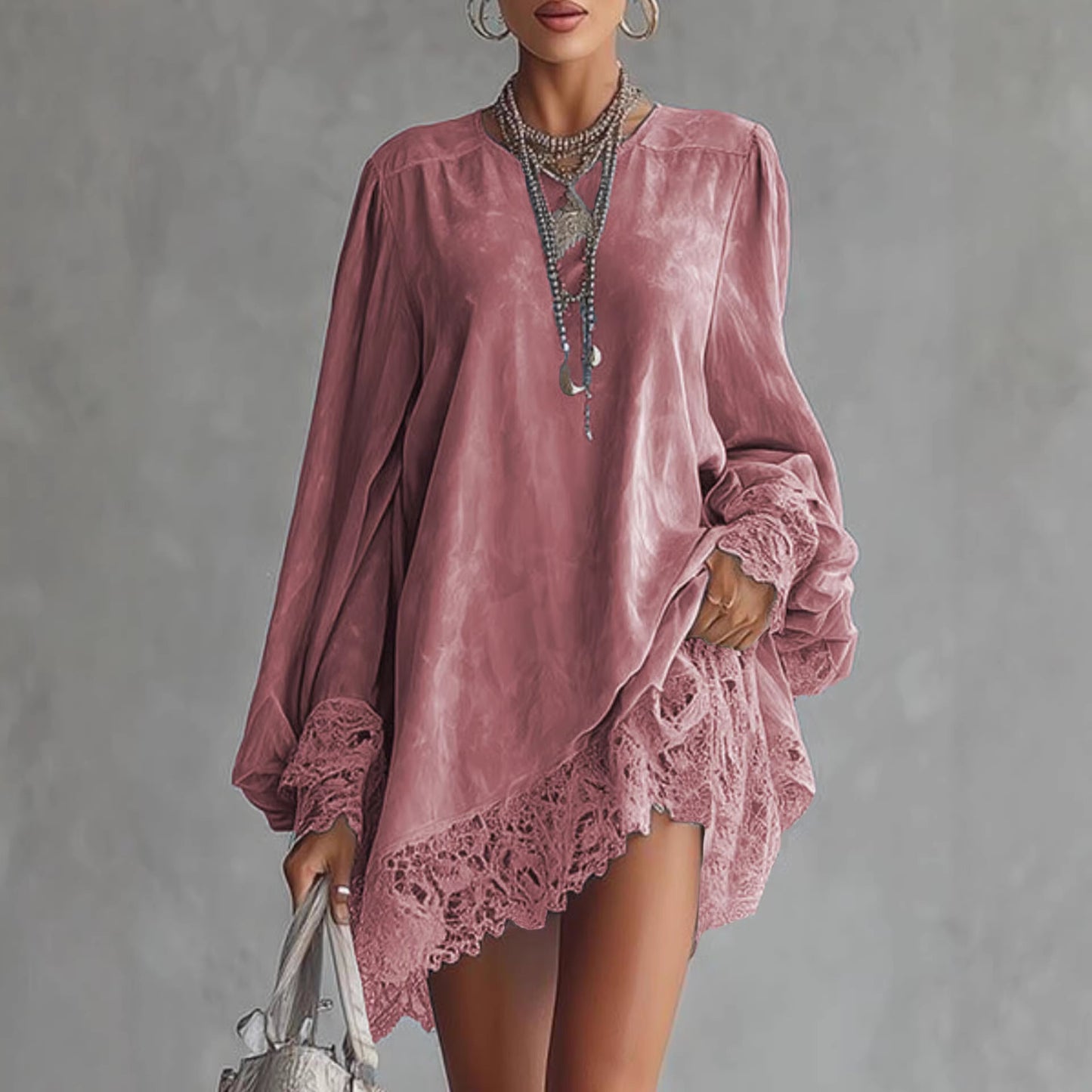Bestselling Solid Color Lace-trimmed Dress