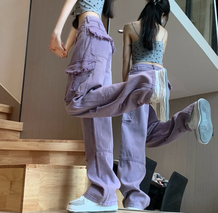 Summer Retro Hot Girl Sweet Cool Style Purple Washed Distressed Straight Wide Leg Jeans For Women