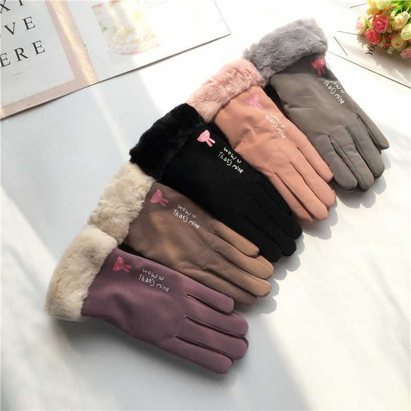 Efterår og vinter ridehandsker til kvinder, koreansk stil, alfabet, tegneserie, varme, dobbeltlags fleeceforede