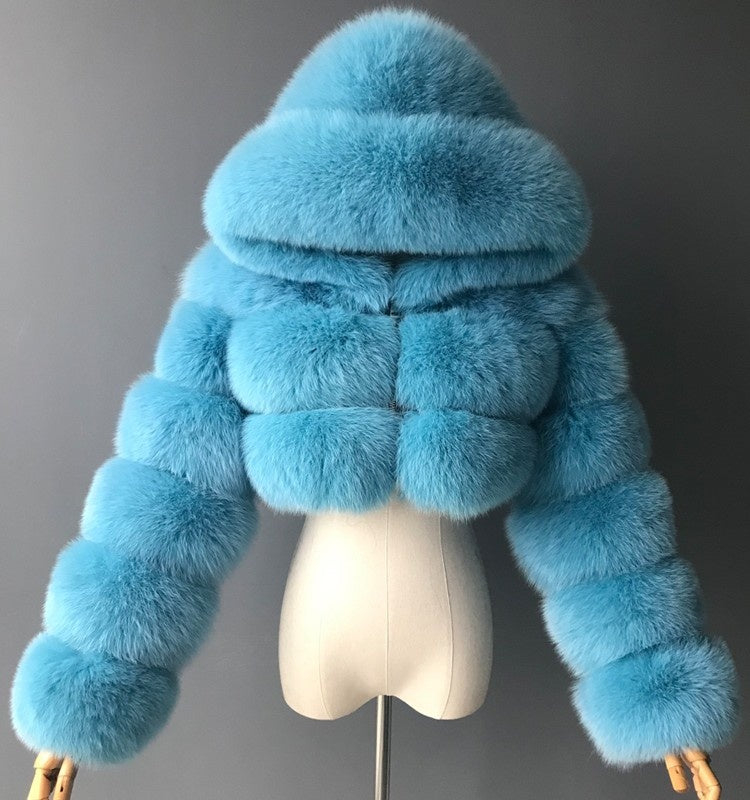 Short Hooded Faux Fur Long Sleeve Coat