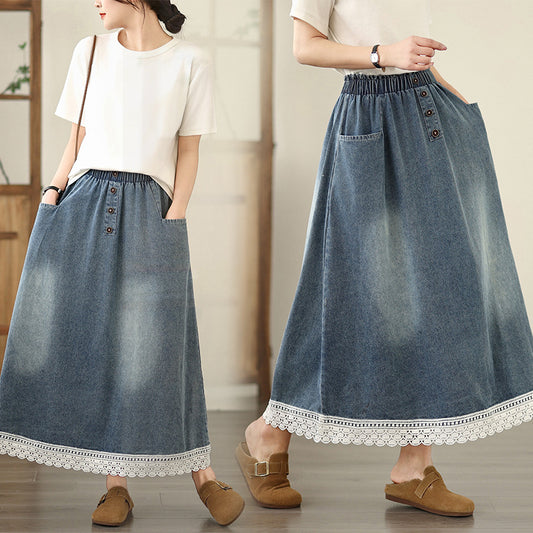 Summer New Plus Size Loose Slimming Plump Girls Stitching Lace Denim Skirt