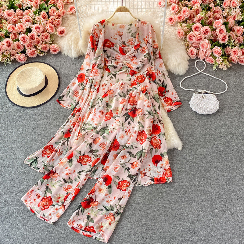 Mid-length Floral Chiffon Cardigan Three-piece Set Tube Top Short Type