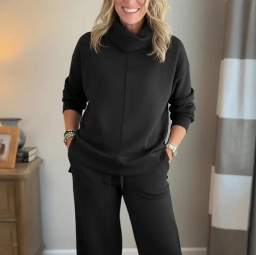 Solid Color Hooded High-neck Top Casual Women's Two-piece Set