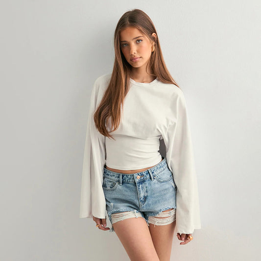 Solid Color Round Neck Shoulder Across Sleeve Waist-tight Sexy Long-sleeved Top
