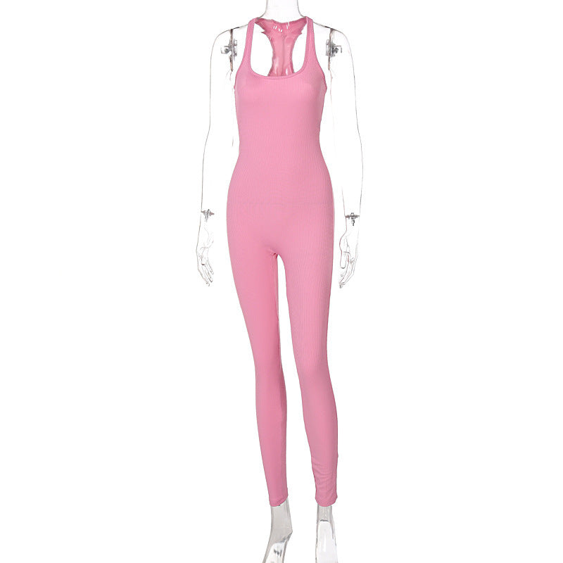 European And American Style Sleeveless Backless Waist Trimming Jumpsuit