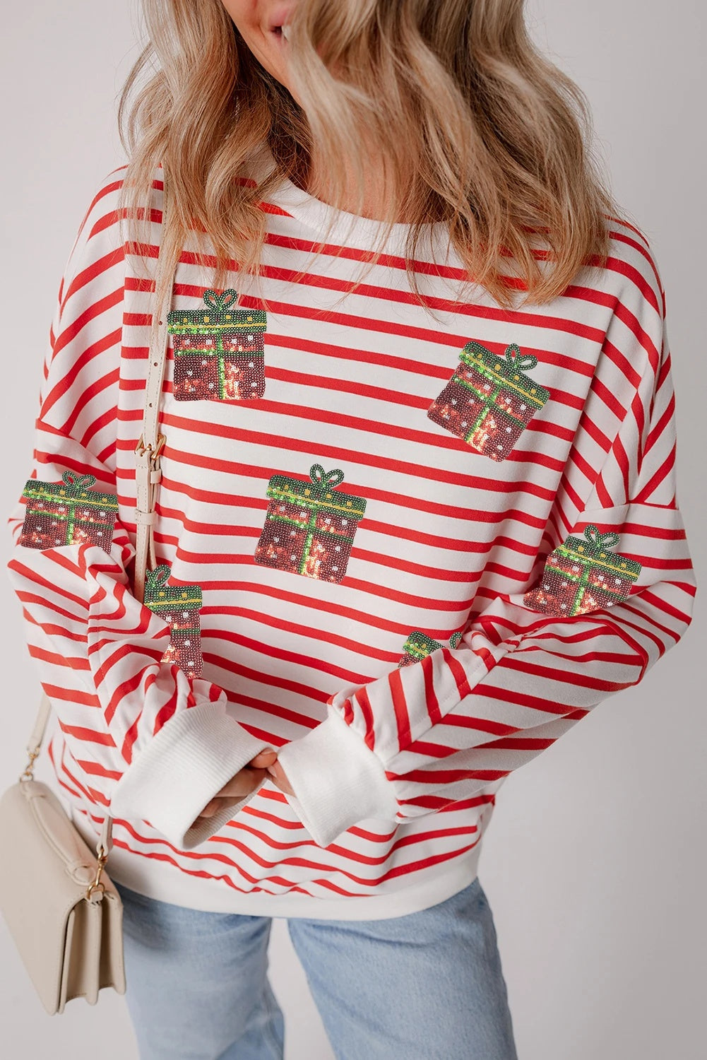 Orange Stripe Sequin Christmas Gift Patch Drop Shoulder Sweatshirt