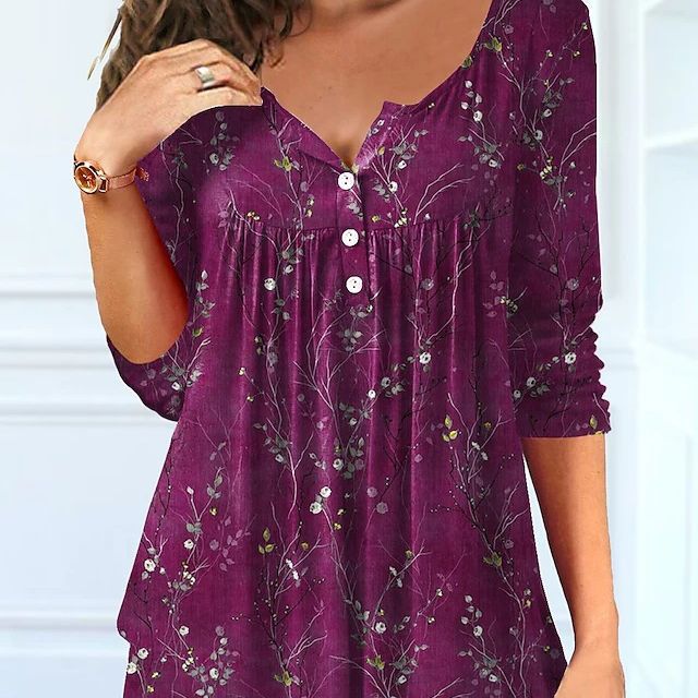 Beauty Summer Loose V-neck Pullover Short Sleeve Button Printed T-shirt