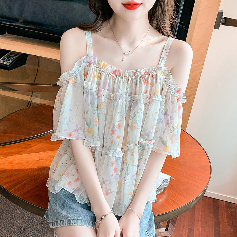 New Doll Shirt Off-shoulder Floral Outerwear One-shoulder Strappy Top