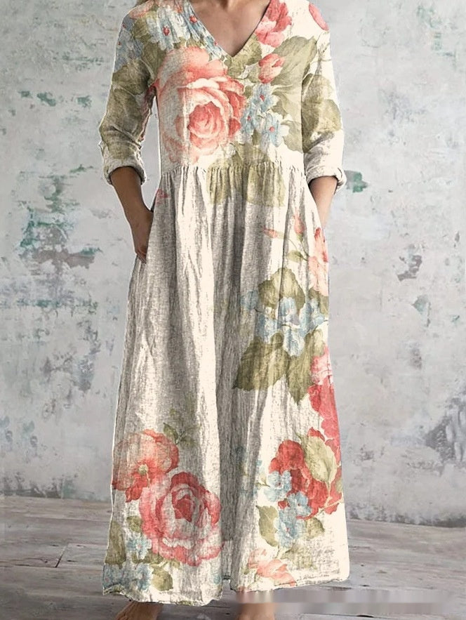 Womens 3D Floral Print Mid-Length Sleeve Dress With Patterned Background