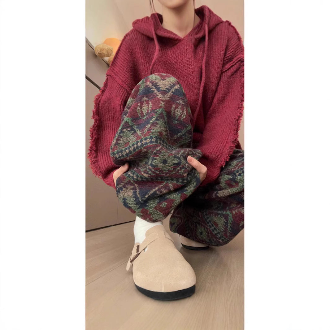 Knitted Ethnic Jacquard Wide Leg Loose Casual Long Pants