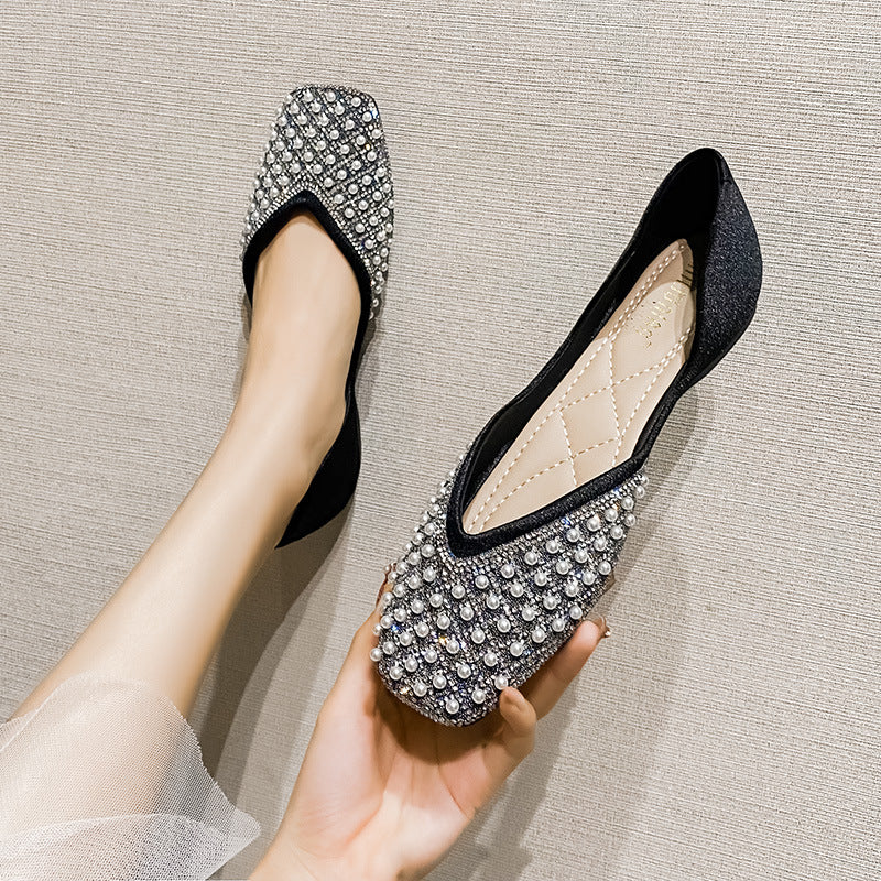 Pearl Water Diamond Square Head Shallow Mouth Single Shoes For Women