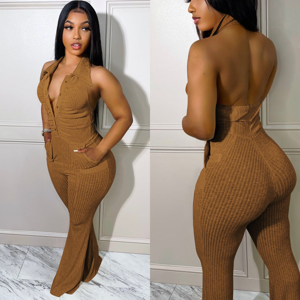Women's Solid Color Halter Neck Lapel Jumpsuit