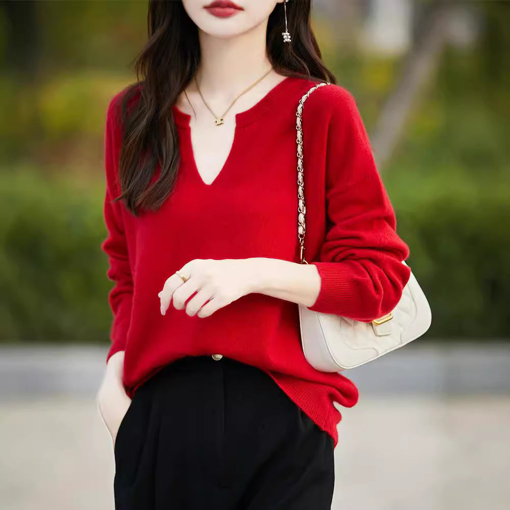 Women's Wool Sweater V-neck Drop-shoulder Pullover