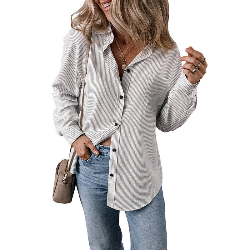 Minimalist Striped Long-sleeve Top In European And American Style