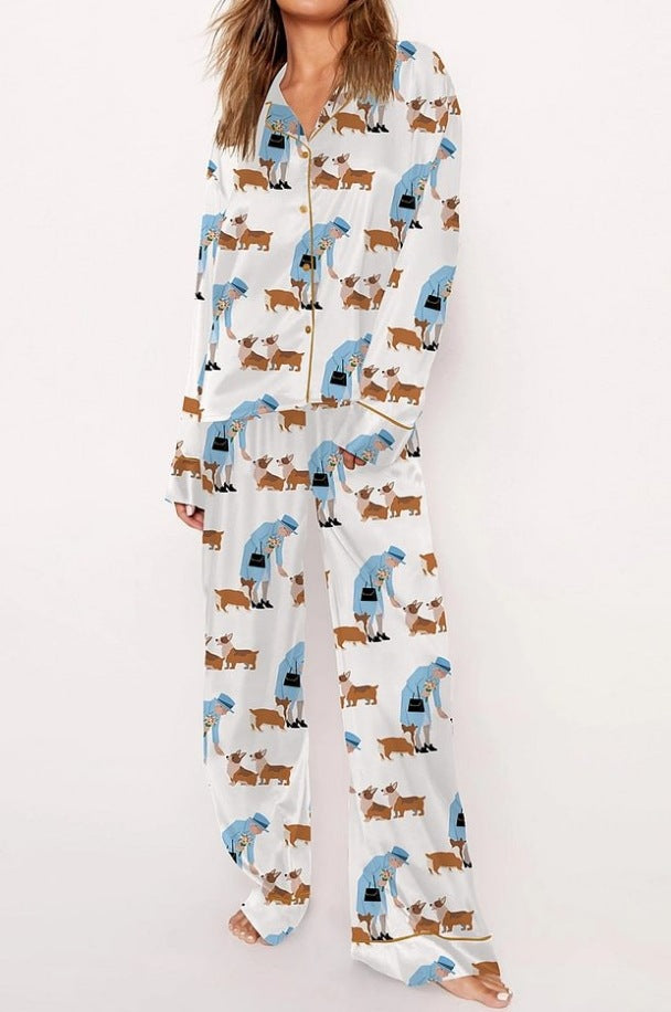 Fashionable Long-sleeve Printed Lapel Loungewear Pajamas