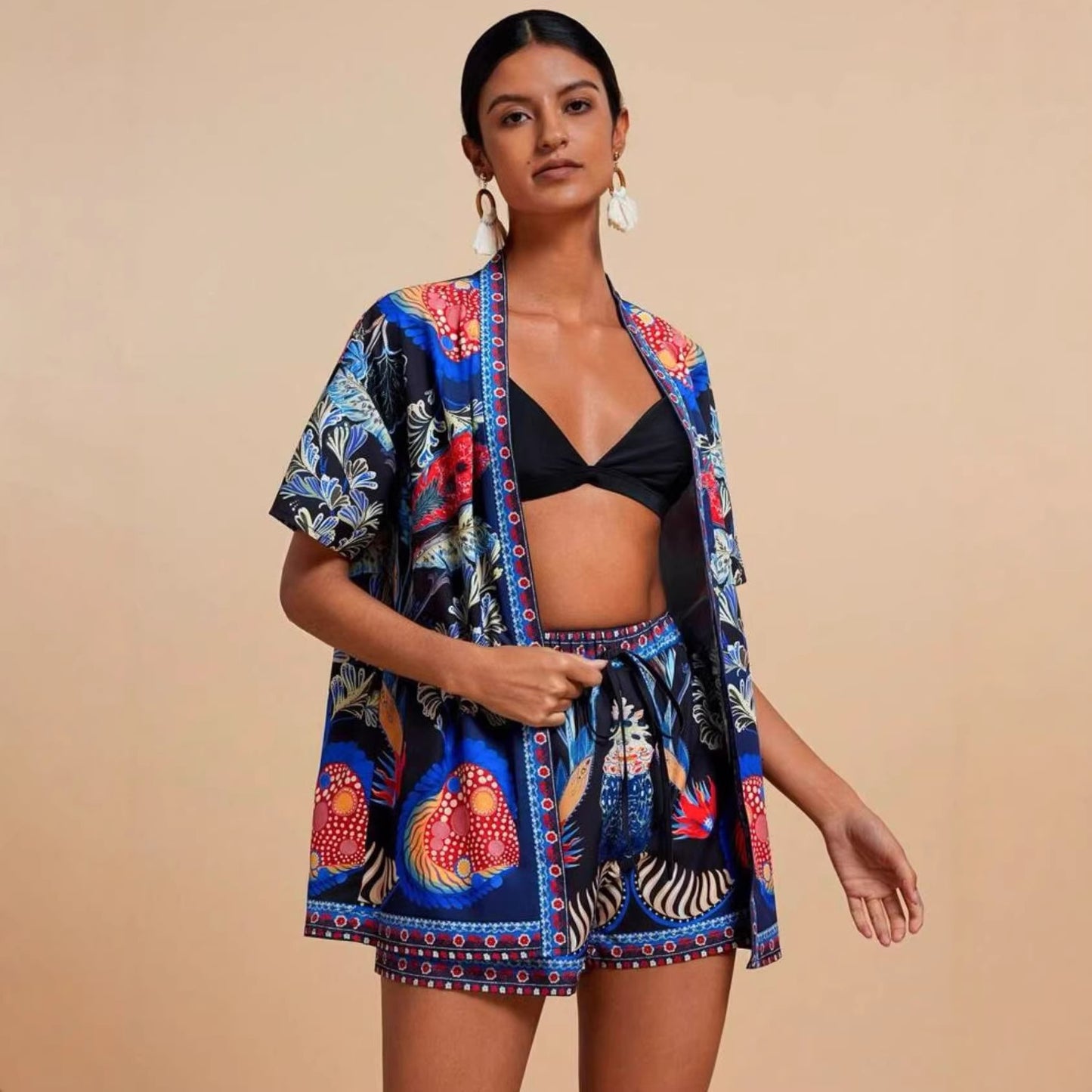 Fashion Casual Printing Cardigan Short Sleeve Shorts Suit