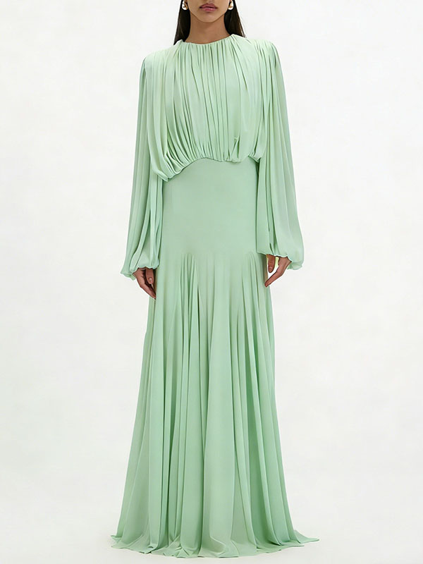 Pleated Patchwork Waist-cinching Long Dress