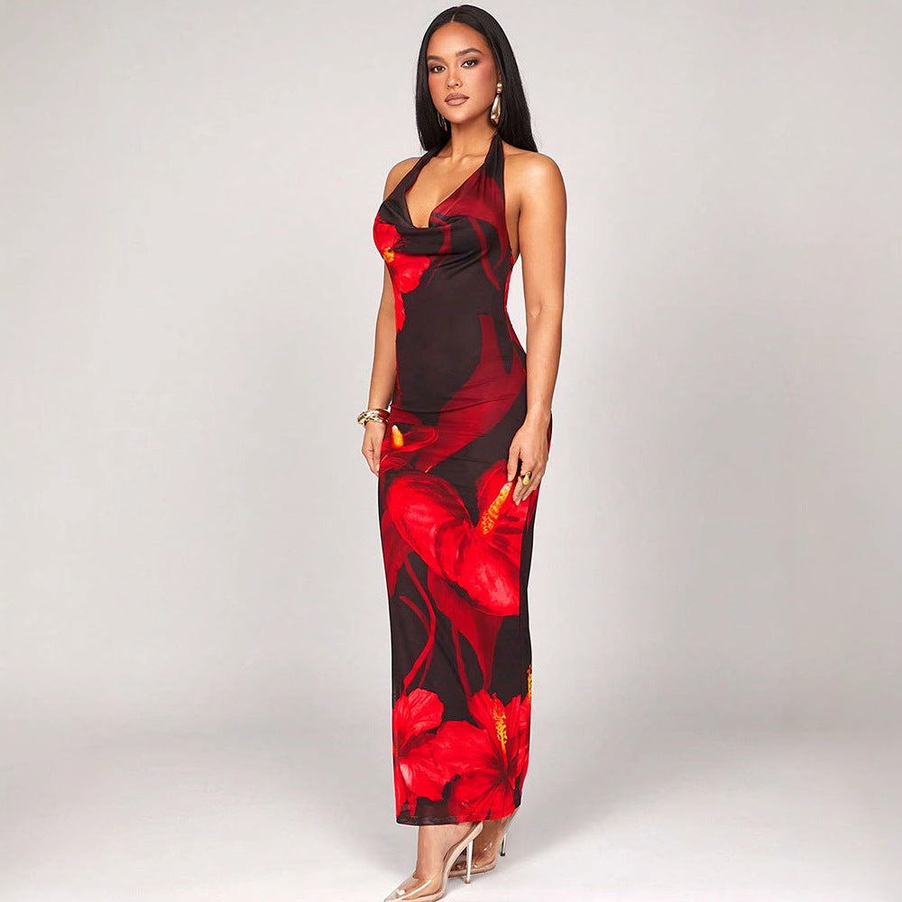 Printed Fashionable Sexy Halterneck Lace-Up Bodycon Dress