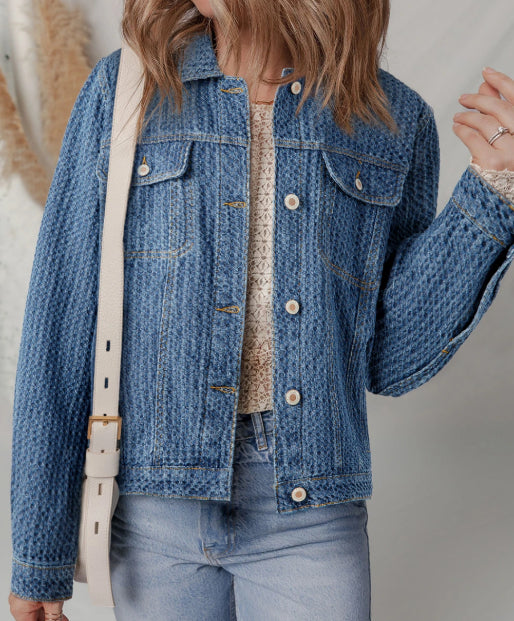 Blue Double Flap Pocket Denim Textured Button Down Jacket