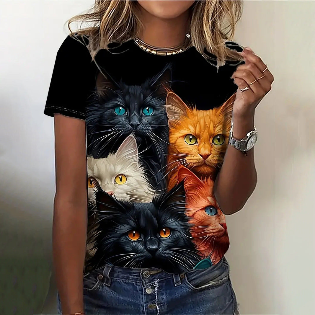 Digital-print Casual Short-sleeve Streetwear Womens Loose-fitting T-shirt