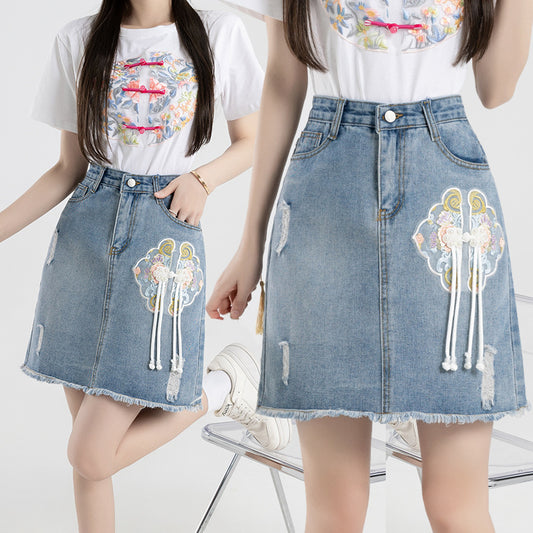 High Waist Slit Denim Skirt Vintage Embroidered Skirt